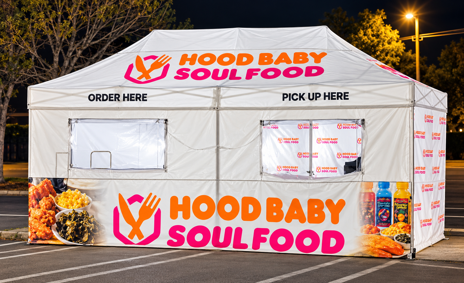 Hood Baby Soul Food branded event tent at night