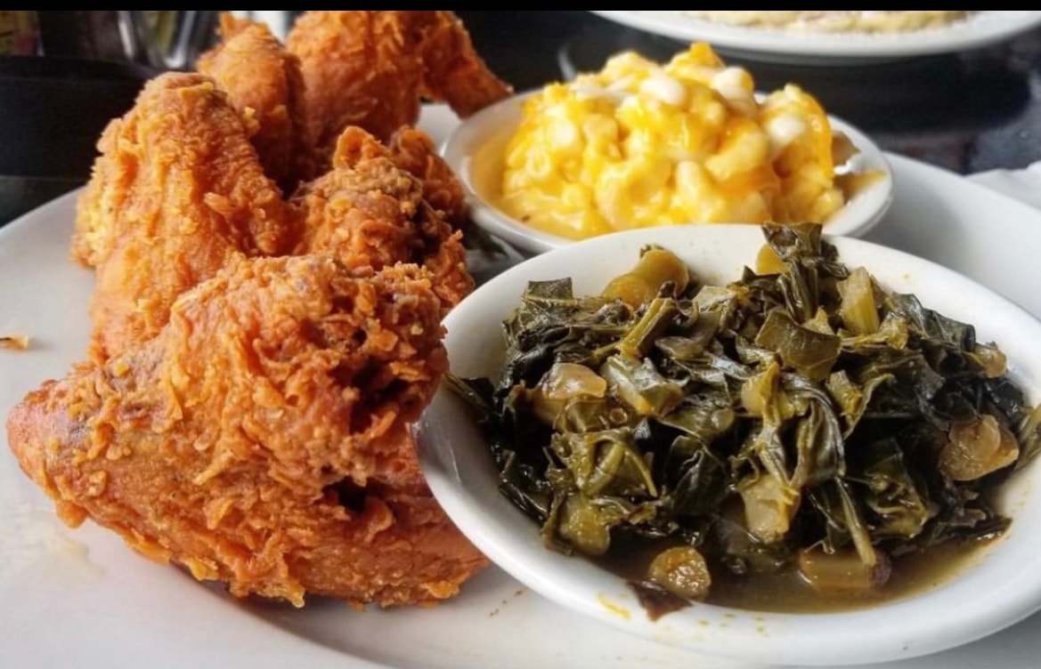 Fried chicken mac and cheese collard greens